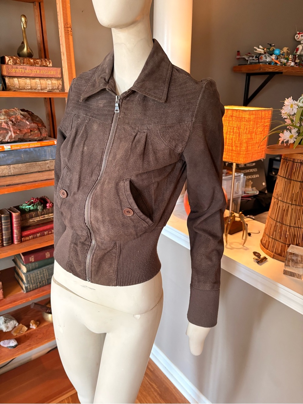 Vintage Y2K Arden B Brown Genuine Leather Bomber Jacket XS Puff Sleeve Cropped